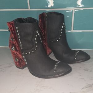 Double D Ranch Black and Wine Velvet Studded Heeled Boots